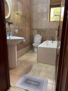 a bathroom with a sink and a toilet and a bath tub at Dafrican BnB villa in Kigali +31 photos
