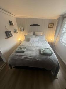 ein Schlafzimmer mit einem großen Bett mit zwei Handtüchern darauf in der Unterkunft The Artists Cottage Waterfront Hideaway in Strahan