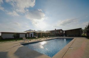 a swimming pool with chairs and umbrellas in a yard at Mikheili's Marani Boutique Hotel in Kvareli