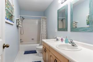 a bathroom with a sink and a toilet and a shower at New to listing Dorsey Dock Retreat w Dock in Hartwell +13 photos