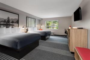 una habitación de hotel con dos camas y un televisor de pantalla plana en Super 8 by Wyndham Sault Ste Marie On, en Sault Ste. Marie