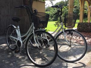 dwa rowery zaparkowane obok siebie z koszami w obiekcie Mayagusuku Resort w mieście Iriomote