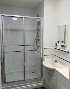 ein weißes Badezimmer mit Dusche und Waschbecken in der Unterkunft City Centre Apartment - Free Parking - Sleeps 4 in Exeter + 2 Fotos