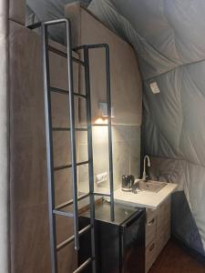 a kitchen with a ladder over a sink in a room at Глемпінг Перлина Карпат in Dragobrat