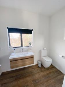 a bathroom with a toilet and a sink and a window at Cariad Apartment in Alexandra