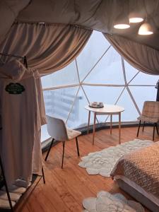 a room with a large window with a table and chairs at Глемпінг Перлина Карпат in Dragobrat