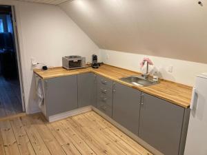 a kitchen with a counter with a sink and a microwave at 1st floor 2 rooms with kitchenette in Store Heddinge