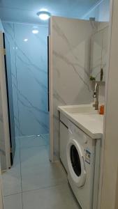 南迪Helen House一间带独立卫生间的温馨卧室的配有洗衣机和淋浴的浴室