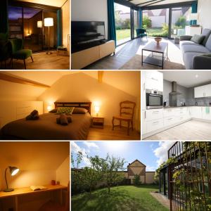 eine Collage mit Bildern eines Schlafzimmers und eines Wohnzimmers in der Unterkunft Le Relais d'Ezy - 3 chambres in Ézy-sur-Eure