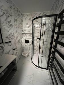 een badkamer met douche en toilet bij Apartmány Karlovy Vary in Karlsbad
