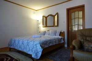 a bedroom with a bed with a mirror and a chair at Vila Simon in Câmpulung Moldovenesc
