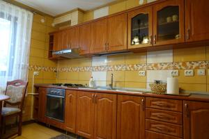 a kitchen with wooden cabinets and a sink at Vila Simon in Câmpulung Moldovenesc