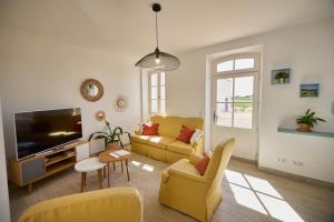 een woonkamer met een bank en een tv bij Chambre d'hôtes Château Gigognan in Sorgues