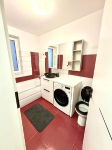 ein Badezimmer mit Waschmaschine und Toilette in der Unterkunft FLH - Obralix Home in Sibiu + 21 Fotos