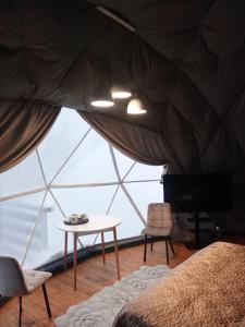 a room with a bed and a table and a large window at Глемпінг Перлина Карпат in Dragobrat +13 photos