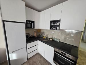 Una pequeña cocina con gabinetes blancos y un refrigerador. en Apartman Bibi centar, en Niš