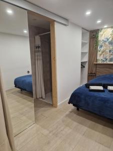 a room with two beds and a glass wall at Le petit céretant in Céret