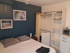 a bedroom with a white bed and a blue wall at Chambre avec salle de bain, WC et terrasse in Étang-Salé