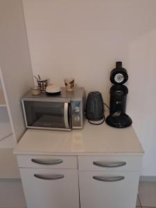 a kitchen counter with a microwave and a blender at Chambre avec salle de bain, WC et terrasse in Étang-Salé