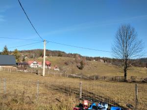 a tractor in a field next to a fence at Casa Dominic in Gîrda de Sus