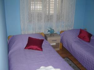 two beds in a bedroom with purple sheets and red pillows at Gemütliches Appartment Direkt Am Strand in Koromačno