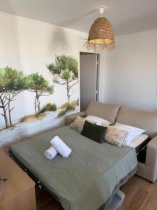 ein Schlafzimmer mit einem Bett mit zwei Handtüchern darauf in der Unterkunft La Pinède, Proche gare, Centre ville, Netflix in Bourgoin