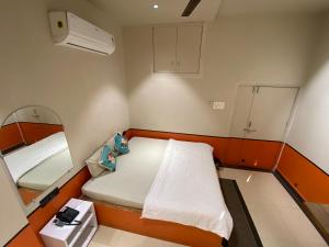 a small room with a bed and a mirror at Hotel Jain's Inn in Chhuīkhadān