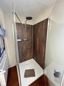 une douche avec pommeau de douche dans une salle de bain dans l'établissement Ferienhaus Kranich In Ummanz Lüßvitz, à Ummanz 11 autres photos