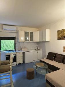 a kitchen and a living room with a couch and a table at Apartment with one bedroom in Kotor