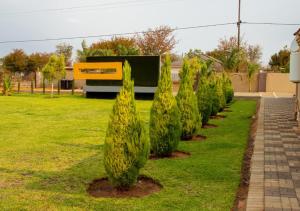 a row of trees in a yard with a building at Fanky Hotel in Palatswe