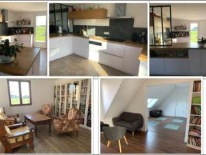 vier Fotos von einer Küche und einem Wohnzimmer in der Unterkunft Grand gîte avec jardin et jeux pour 12 pers - FR-1-489-486 in Rongères