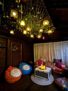 a living room with couches and a table and lights at Cabana 23 - Avrig in Avrig