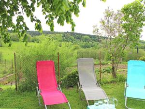 drei Stühle mit einem Tisch im Gras in der Unterkunft Gîte Chez Mamie - Charme Vintage près de Lavoine - FR-1-489-332 in Lavoine + 11 Fotos