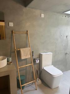 a bathroom with a toilet and a wooden ladder at The Drop In Surfhouse Madiha in Madihe East