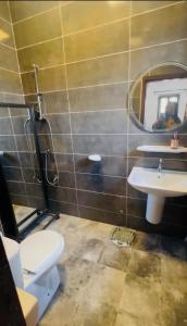 a bathroom with a sink and a toilet and a mirror at Luxo in Cotonou