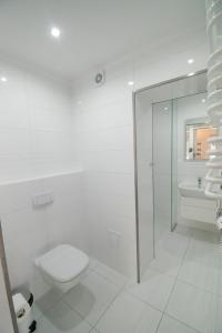 a white bathroom with a toilet and a sink at Rewita Rogowo k Kołobrzegu in Rogowo