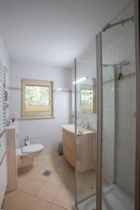 a bathroom with a shower and a sink and a toilet at Zugspitz Traumapartment in Farchant