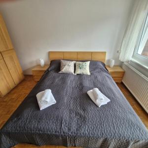 Un dormitorio con una cama grande con dos almohadas. en Sankt Johannerhof, en Ternitz