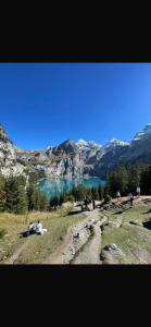 a lake in the middle of a field with a mountain at Home in Grengiols