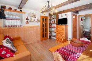 een woonkamer met een bank en een tv bij Ciasa La Cate in Bellamonte