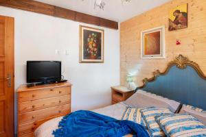 een slaapkamer met een bed en een tv op een dressoir bij Ciasa La Cate in Bellamonte