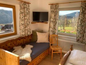 een slaapkamer met een bed, een tv en 2 ramen bij Haus Werner in Ramsau am Dachstein