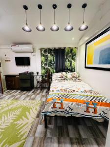 a bedroom with a bed and a flat screen tv at Cozy Skyview Villa in Lopez Quezon! in Lopez