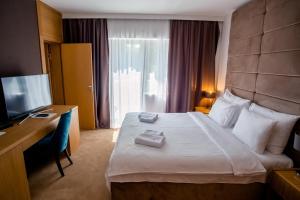 a hotel room with a bed with a desk and a television at Miznah Hotels & Resorts in Bačka Topola +91 photos