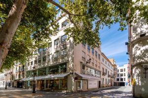 a building on a city street with trees at Suite Plaza Nueva in Seville