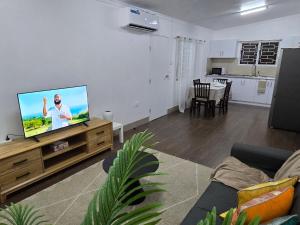 a living room with a flat screen tv on a entertainment center at Cosy Homes in Suva - 2BR Family Unit in Suva