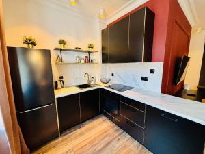 Una cocina con gabinetes negros y encimera. en Just in Stary Rynek, en Bydgoszcz