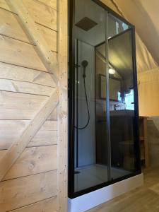Una ducha de cristal en una habitación con una pared de madera. en Kemp Sluknov- Glamping, en Děčín 52 fotos más