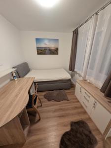 诺尔登堤岸布赫霍尔茨Schöne Wohnung 1的一间有一张床和一张书桌的小房间