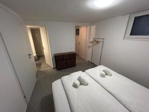 a bedroom with two beds in a room with a hallway at Gemütliche Souterrainwohnung mit gratis Parkplatz in St. Gallen